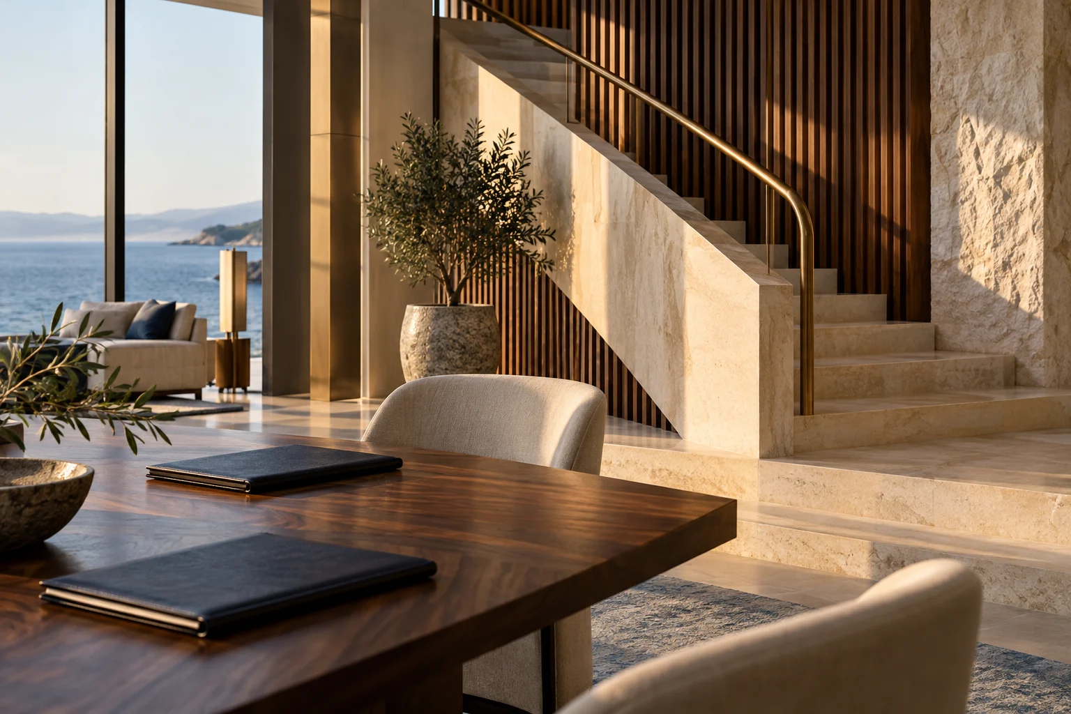 Illustrative business lounge with limestone architecture, walnut, and bronze details