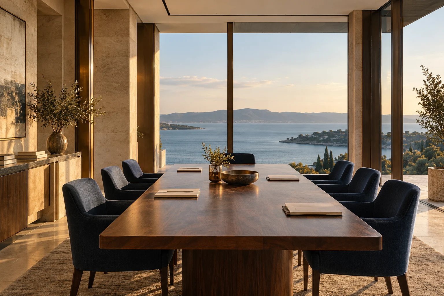 Illustrative coastal executive meeting room with walnut, limestone, and warm natural light