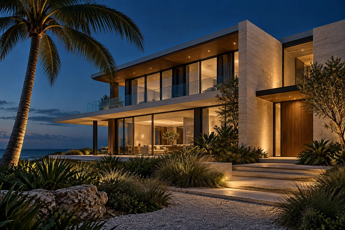 Illustrative contemporary coastal residence at dusk